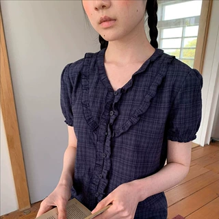 英子oni 复古设计感小众木耳边短袖衬衫女日系泡泡袖格纹小衫上衣