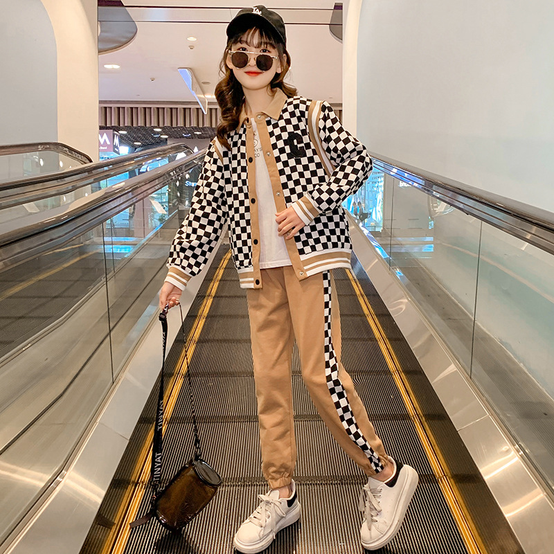 2023 New Set: Two Piece Set of Checkerboard Spring and Autumn Sports Elastic Loose Baseball Suit for Children, Girls,_voghion.com