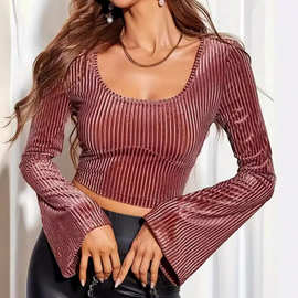 2025年欧美亚马逊夏季新款方领喇叭袖拼接罗纹针织短款女士T恤