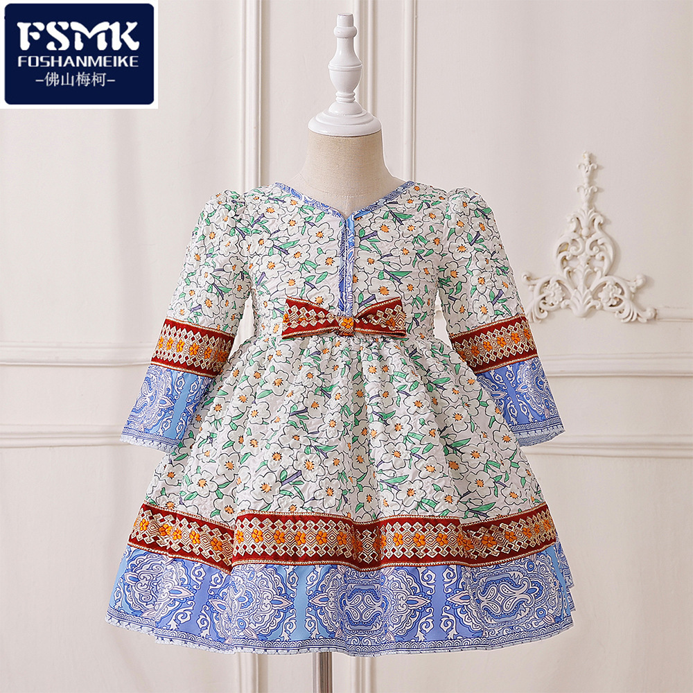 Europa y los Estados Unidos nuevos vestidos de niños vestidos de flores retrógradas mangas largas impresión de tela burbuja ropa infantil vestido de aniversario bebé