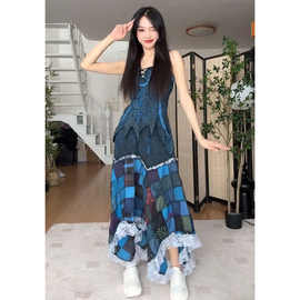 云南大理旅游穿搭民族风蓝色吊带连衣裙子夏季女装2024新款两件套