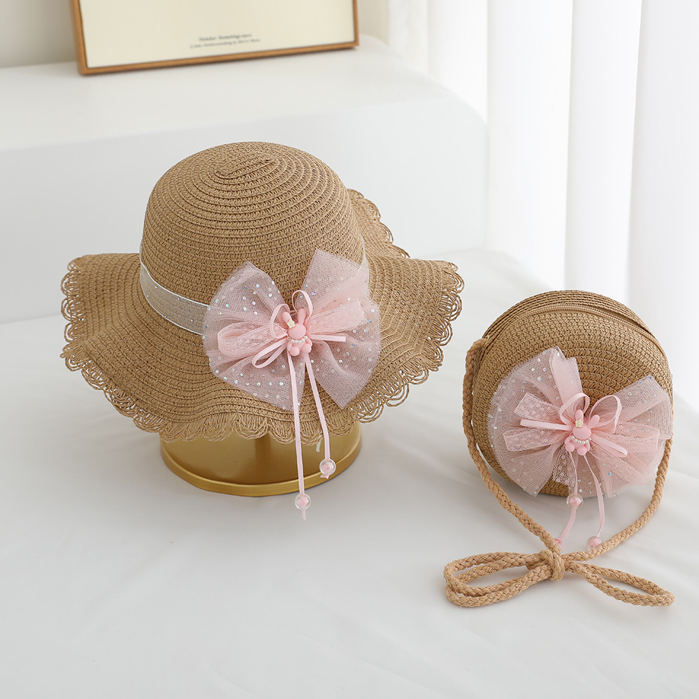 Verano nuevo sombrero para niños sombreado sombrero de paja bolso de dos piezas lindo encaje flor niña sombrero de playa al por mayor