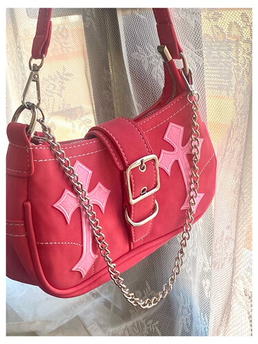 Guangzhou factory cross iron chain y2k Qianxi hot girl armpit bag rose red Barbie motorcycle sweet and spicy crossbody bag for women