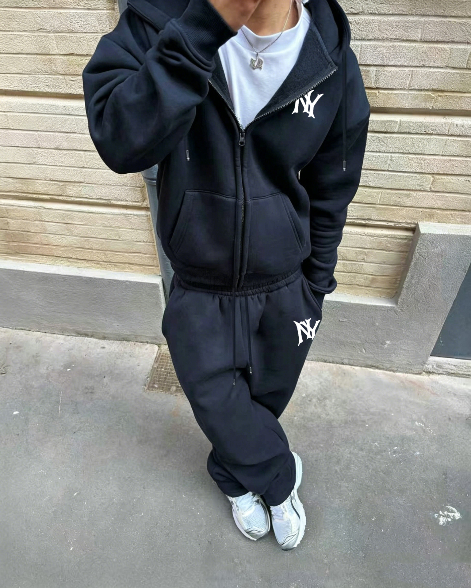 Men's NY Logo Hooded Zip Up Sweatshirt + Sweatpants Two Piece Set, Available In Multiple Colors, Casual High Street Sportswear_viptrois.com