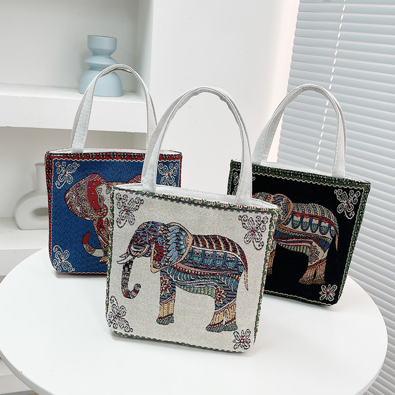 Canvas Bag Knitted Embroider Ethnic Style Elephant Small Cloth Bag 2025 New Casual Makeup Handbag Lunch Bag