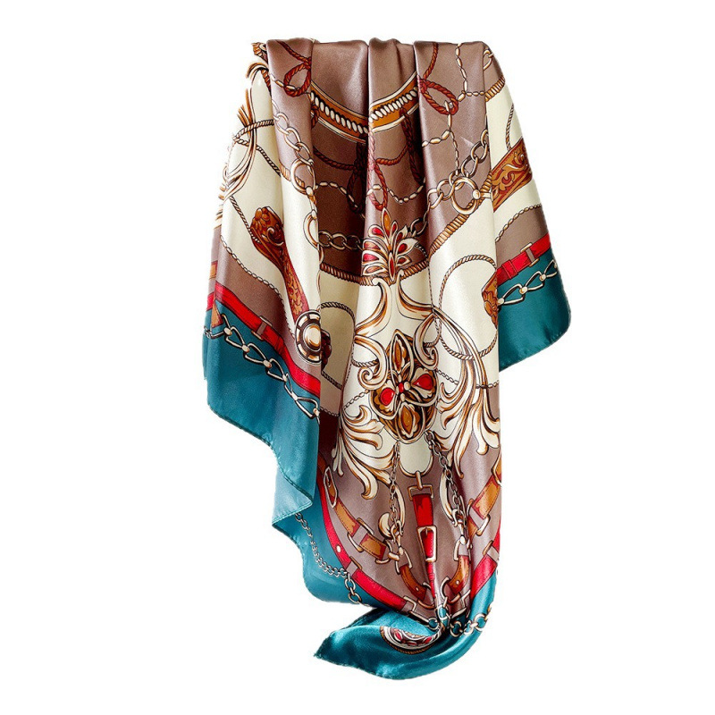 Classic Chain Printed Silk Scarf 90 Cm Large Square Shawl Satin Finish for European And American Women's Fashion Accessory_voghion.com