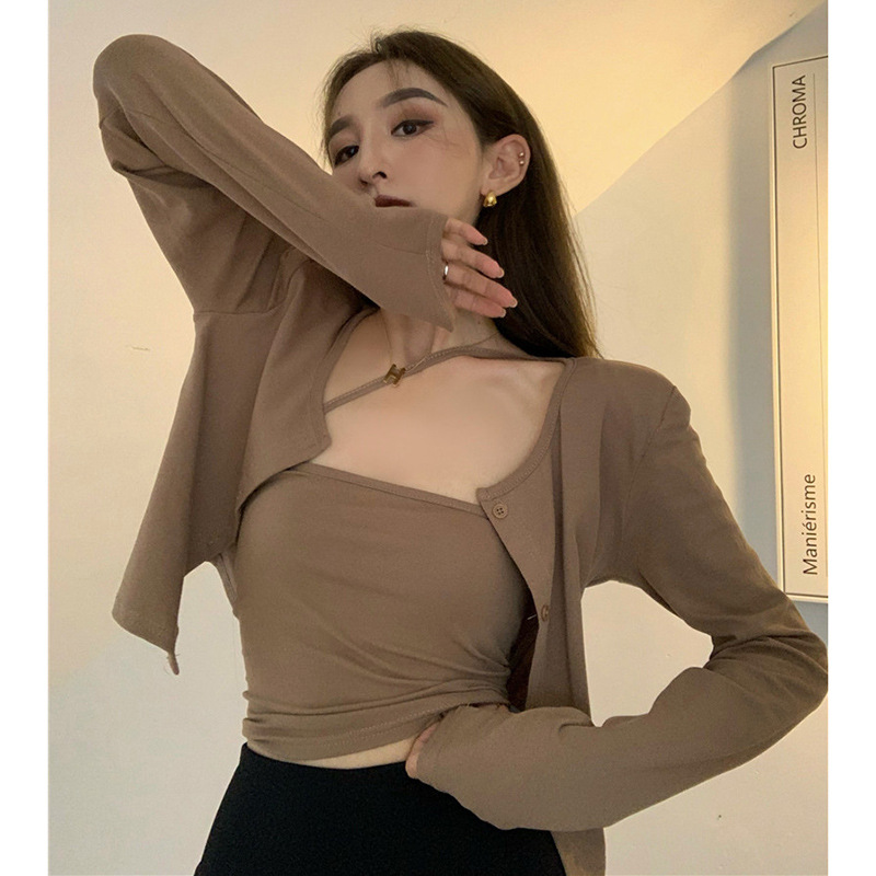 Strap vest suspender inner wear retro early autumn cardigan jacket long sleeve loose sweater top set for women Korean version