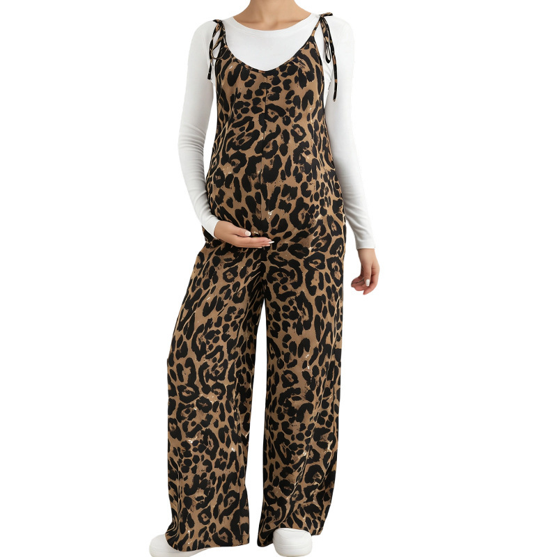 Cross-Border European and American Maternity Leopard Print Overalls with Adjustable Shoulder Straps, High-Waisted Wide-Leg Pants, Belly Support, Fashionable Maternity Jumpsuit Cross-Border European and American Maternity Leopard Print Overalls with Adjustable Shoulder Straps, High-Waisted Wide-Leg Pants, Belly Support, Fashionable Maternity Jumpsuit