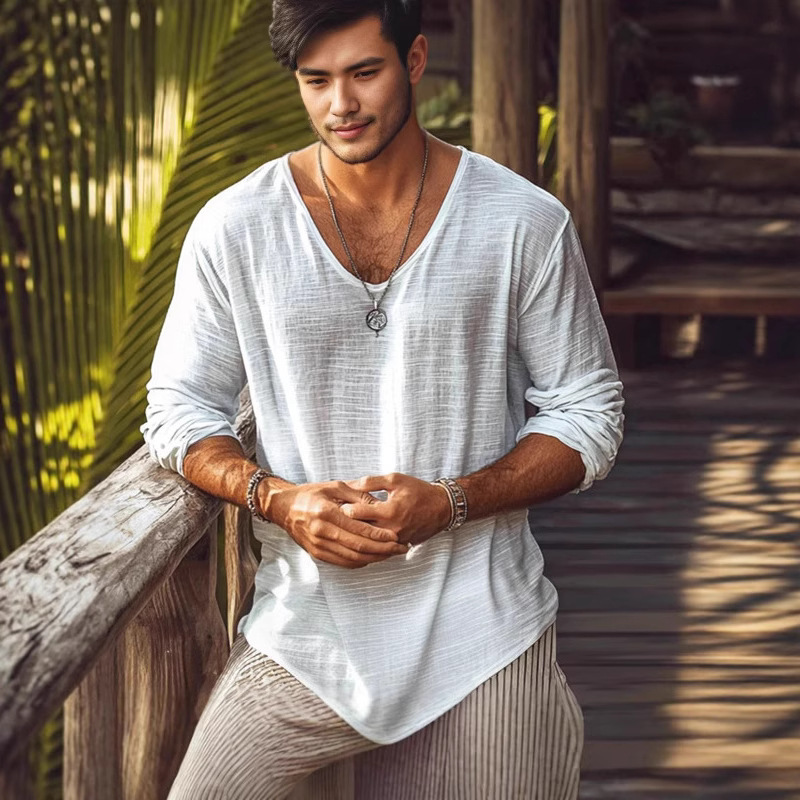 Cross-Border European and American Plus-Size Spring Men's Solid Color Thin Breathable V-Neck Casual Long-Sleeve T-Shirt Bamboo Linen T-Shirt 367 Cross-Border European and American Plus-Size Spring Men's Solid Color Thin Breathable V-Neck Casual Long-Sleeve T-Shirt Bamboo Linen T-Shirt 367