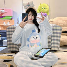 2025新款秋冬季天法兰绒可爱睡衣女加绒加厚大码珊瑚绒家居服套装