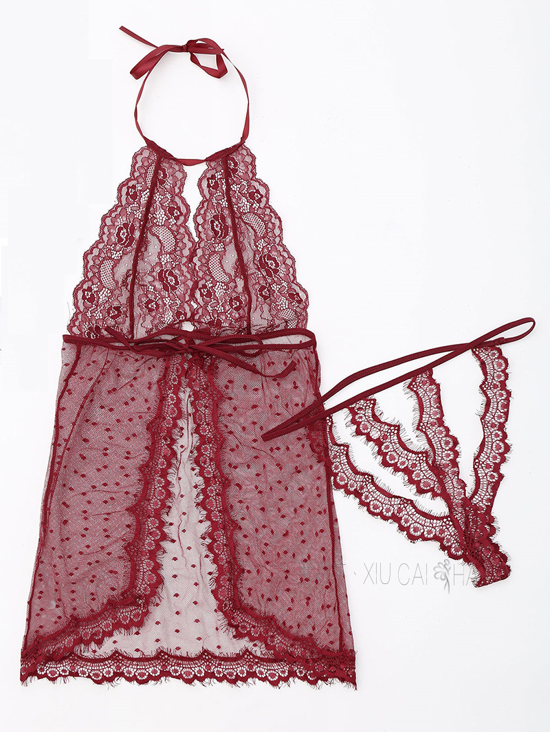 Plus Size Sheer Mesh Babydoll Nightdress with Halter Neck and Matching Panties — detail image 29