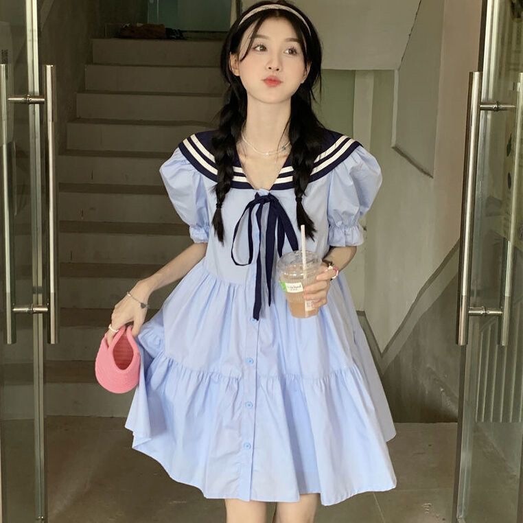 Navy Collar Dress for Women, Summer 2026 New Style, Sweet College Style, Waist-Cinching, Slimming, Niche Short-Sleeve Dress