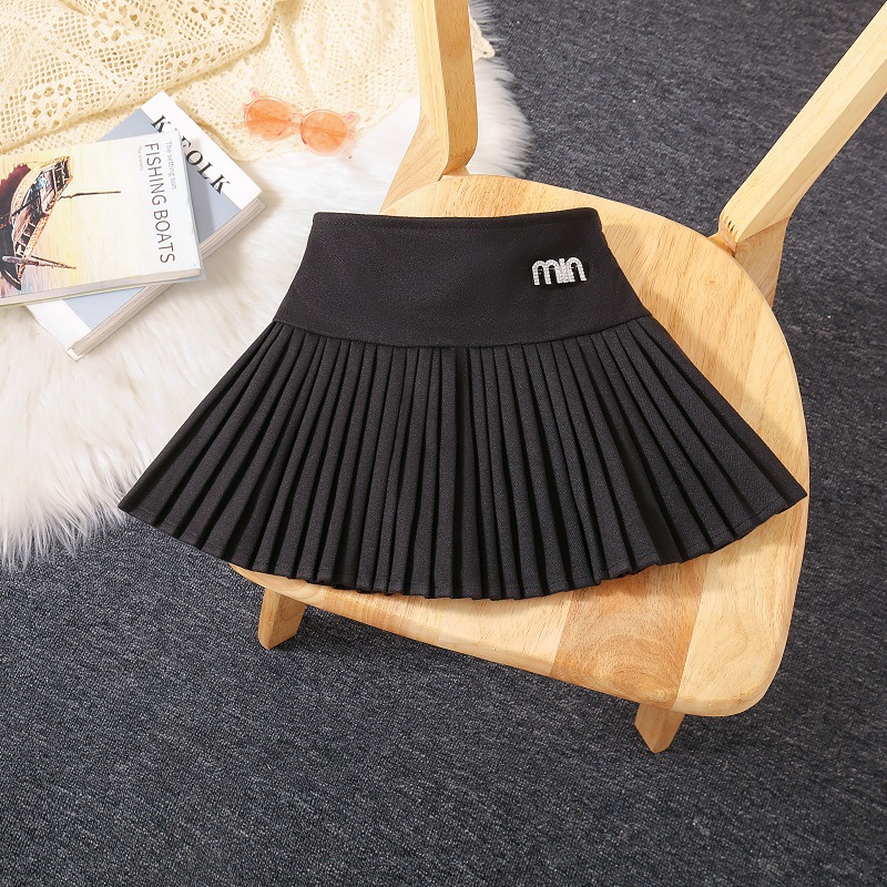 女童设计感字母水钻扣高腰显瘦毛呢半身裙百褶裙防走光短裙a字裙5