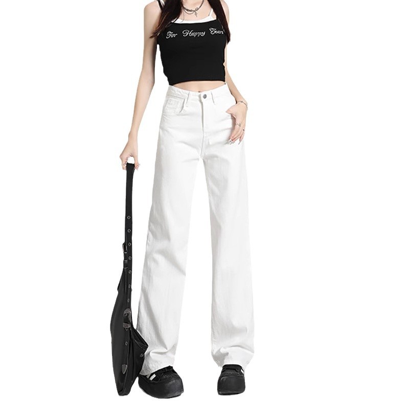 좁은 직선 흰색 청바지 여성의 2024 봄과 여름 높은 허리 작은 슬림 모양 넓은 다리 담그는 바지