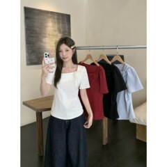 実写2025夏の新型の大きいサイズの女性のフランスの方襟の花の半袖のtシャツの甘い風の正肩の上着の64232