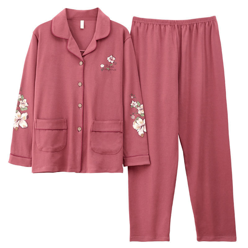 Pijamas de algodón puro primavera y otoño de las mujeres de manga larga más el tamaño cardigan traje de las madres de mediana edad y ancianos ropa de casa al aire libre