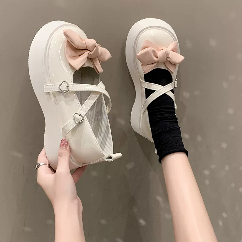 Cute Japanese Lolita Bow Shoes in PU Leather, Mary Jane Style, Summer Footwear