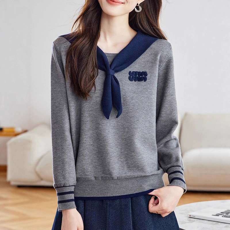 Navy Collar Fake Two-Piece Knitwear Women's Autumn and Winter New College Style French Long-Sleeved Versatile Age-Reducing Top