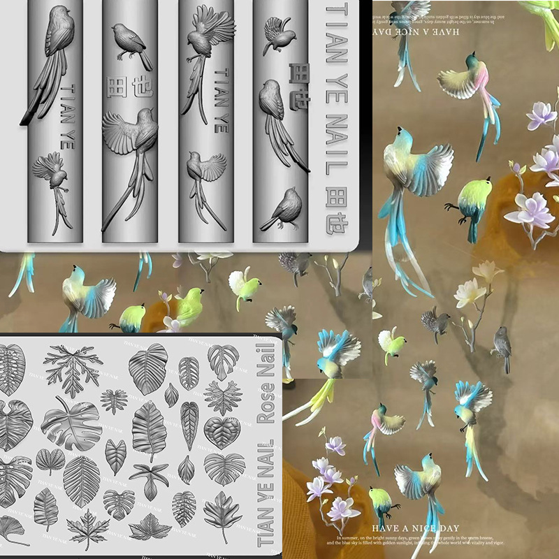 Ancient Chinese Style Bird and Forest-Themed Nail Art Carving Tools DIY High-Transparency Nail Silicone Mold