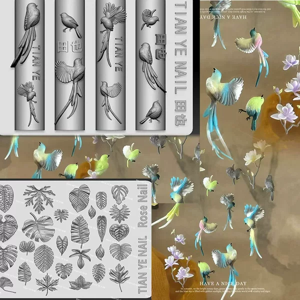 Ancient Chinese Style Bird and Forest-Themed Nail Art Carving Tools DIY High-Transparency Nail Silicone Mold