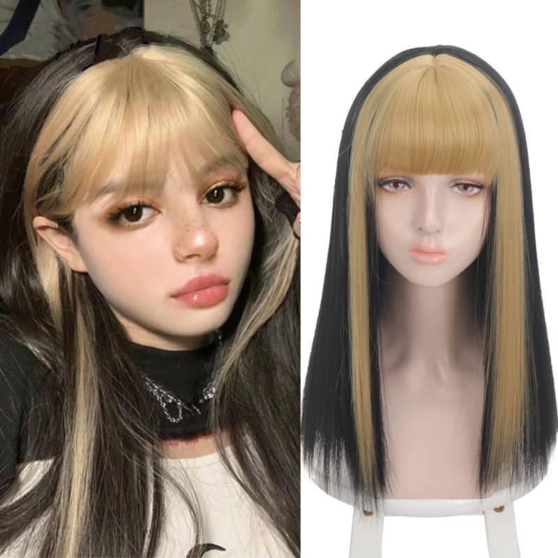 Amazon Europe and the United States foreign trade wig women's long hair golden bangs dyed Jennie with chemical fiber wig set in stock Amazon Europe and the United States foreign trade wig women's long hair golden bangs dyed Jennie with chemical fiber wig set in stock