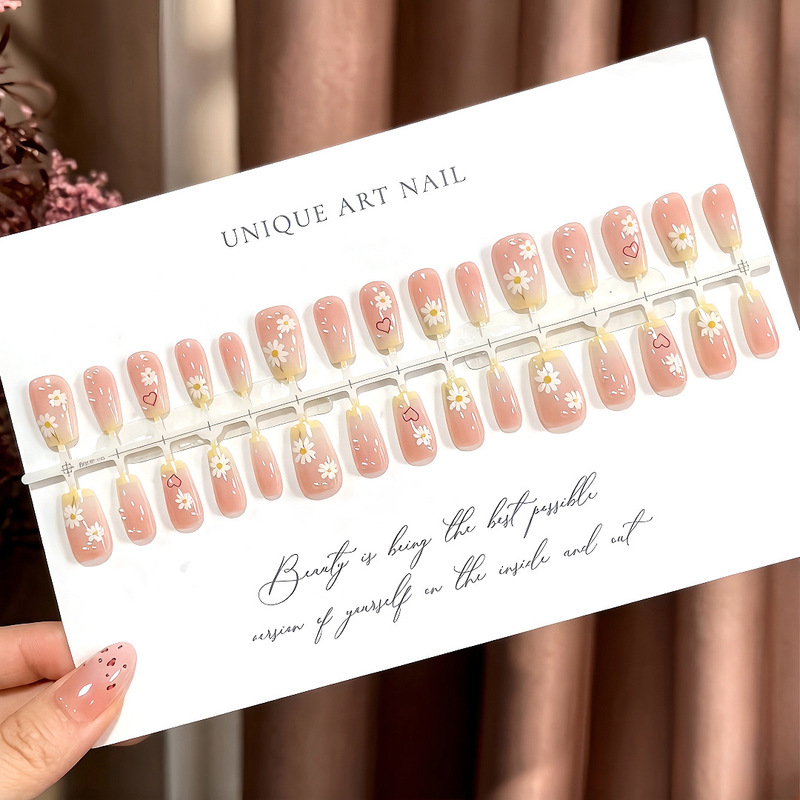 S578-Pre-made nails with a full daisy flower field design, pearl elegant and sweet French style, gentle and detachable nail pieces