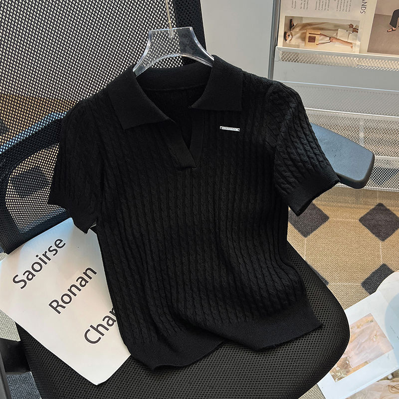 レトロ麻花半袖tシャツvネック上着女性夏2025新作修身poloシャツショートタイプ氷糸ニット|undefined