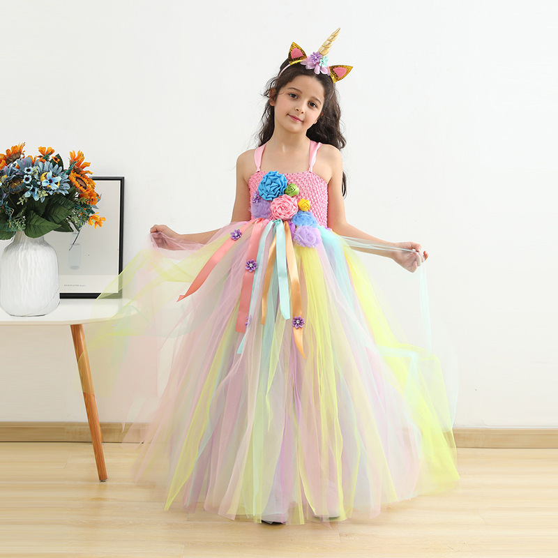 European and American Children's Clothing 2026 New Style Lined Girls' Dress Long Floral Tutu Skirt Mesh Princess Dress