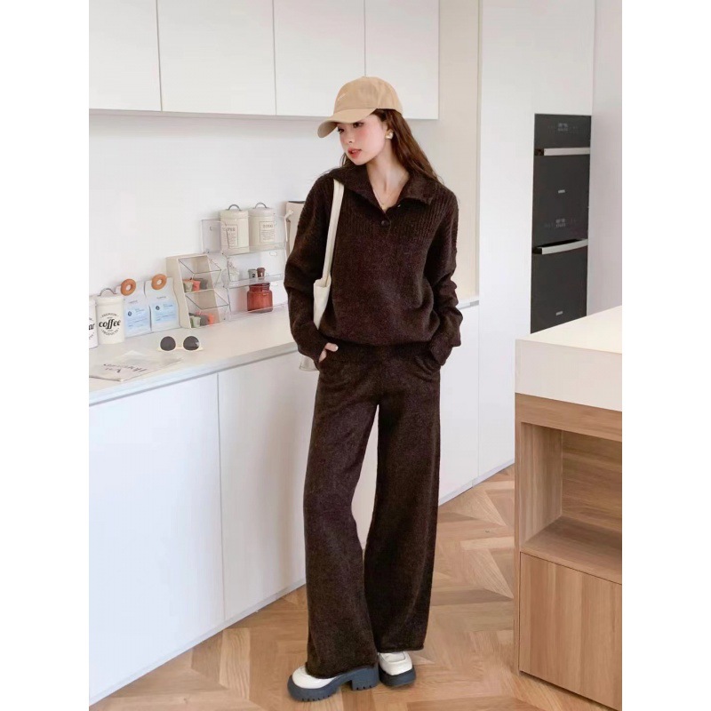 Herbst und Winter neuer Anzug lässiger Pullover Polokragen Strickpullover weite Beinhose zweiteiliges Set für Damen_voghion.com