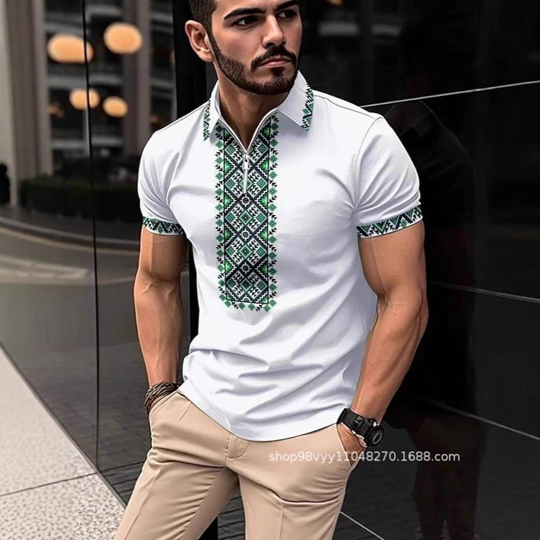 European and American Cross-Border Summer Amazon Men's Zipper Short-Sleeved Polo Shirt Lapel Casual Ethnic Style Xinjiang Polo Shirt