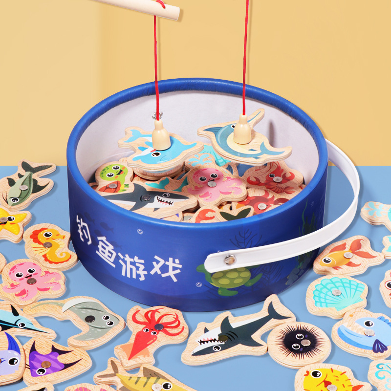 Marine wooden children's cognitive magnetic fishes for fishing