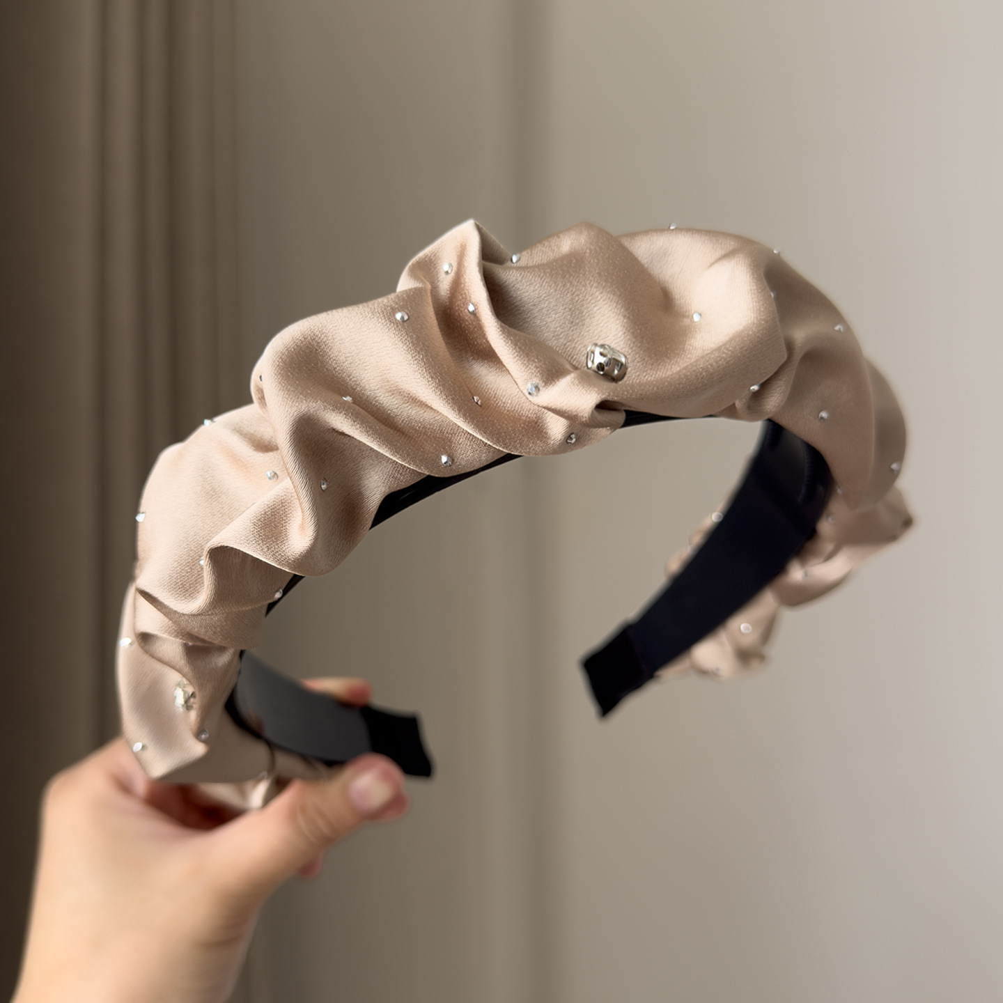 Champagne satin pleated rhinestone headband