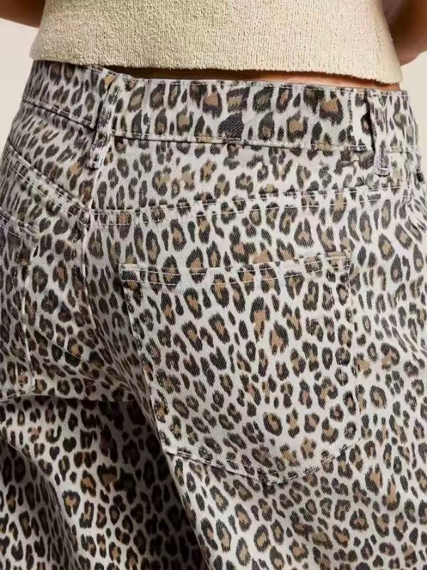 Jeans Rectos con Estampado de Leopardo para Mujer de Mezclilla, Alta Elasticidad, Tiro Medio, para Estilo Callejero