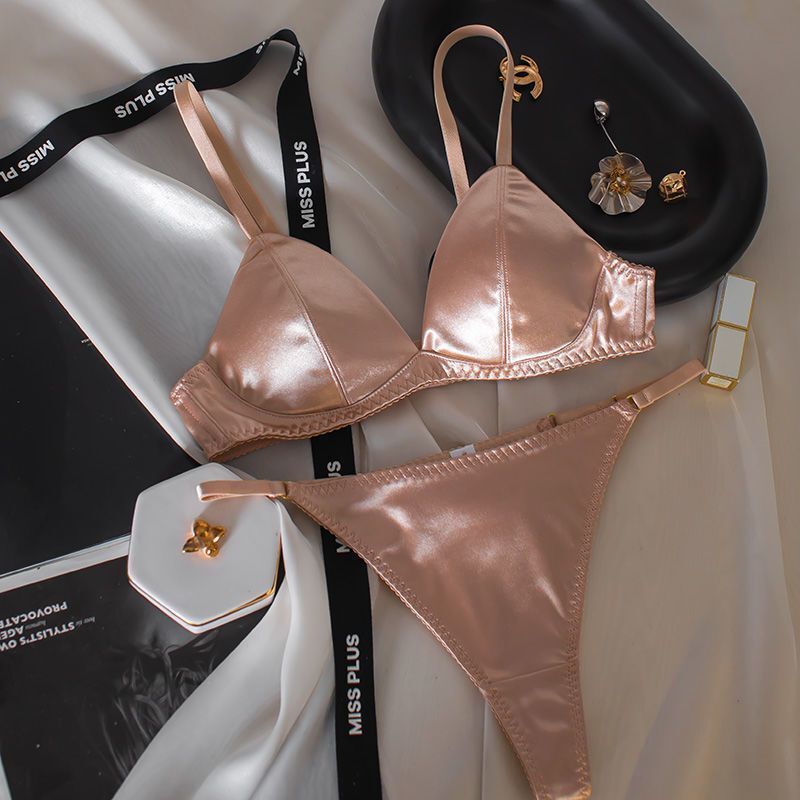 New French-Style Satin Small Bust Women's Underwear Set, Thin Cup, Minimizes Appearance, Wireless, Anti-Sagging, Seamless, Comfortable Bra
