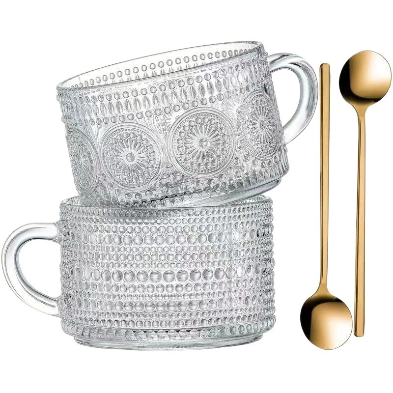 Amazon Горячие молочные чашки Ретро-рельефные стеклянные чашки Домашняя ручка кофейная чашка с ложкой деревянная овсяная чашка