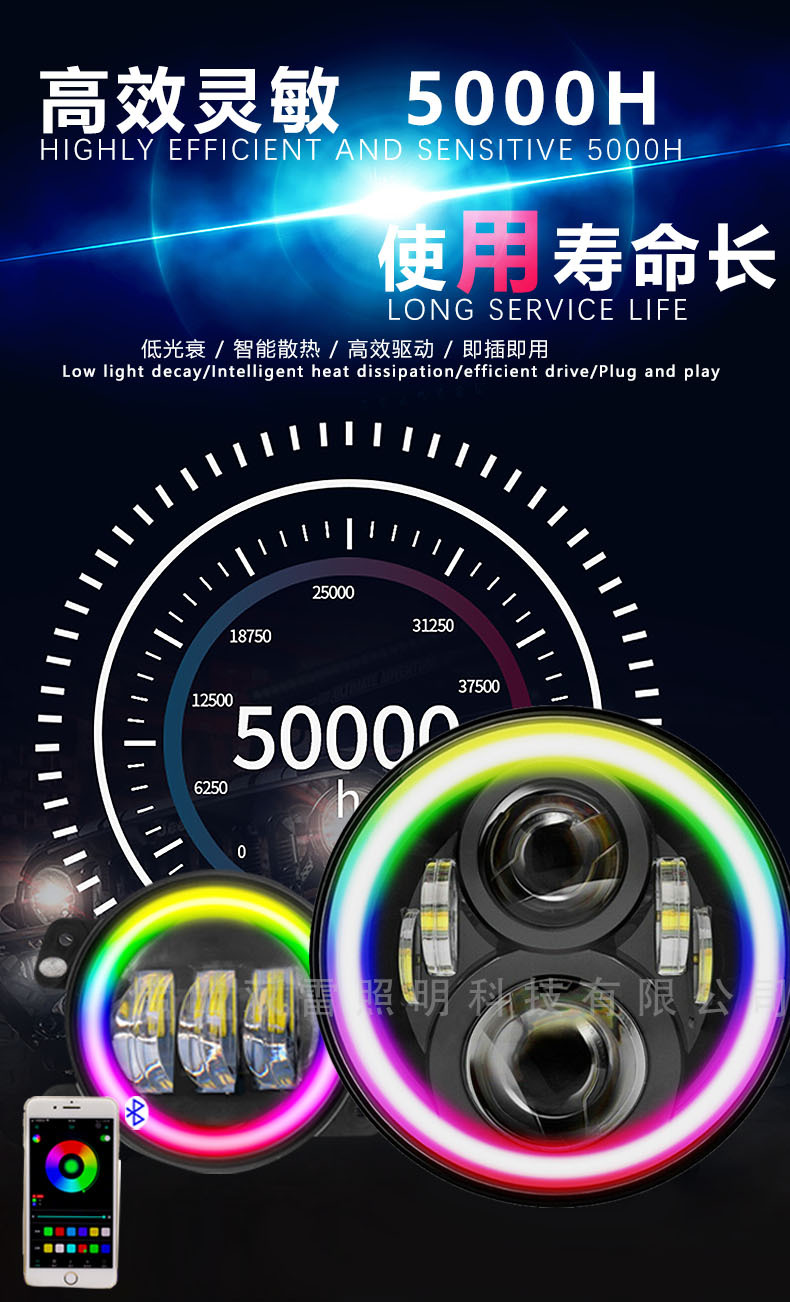 7inch Rgb Wrangler Harley Headlight Led High and Low Beam Round Skull Headlight Rgb Colorful Car Light