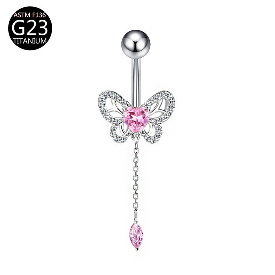 Fuchsia belly button piercing with bow, pendant drop-shaped, European style