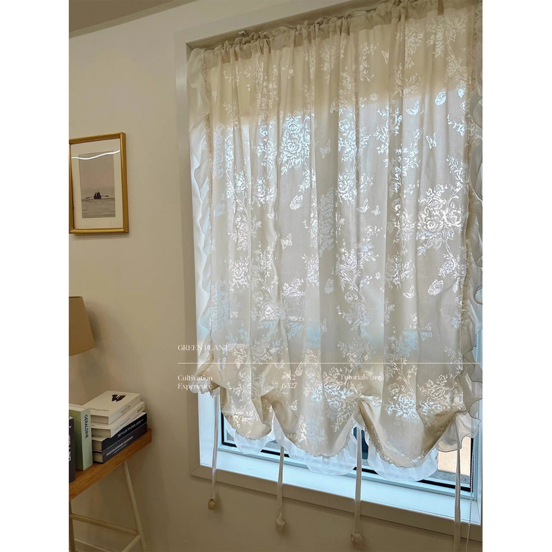 French-Style Cream White Pull-Up Curtain, Romantic Curved Door Curtain, Rose Butterfly Light and Shadow Sheer Curtain, Drawstring Half Curtain, Kitchen Partition French-Style Cream White Pull-Up Curtain, Romantic Curved Door Curtain, Rose Butterfly Light and Shadow Sheer Curtain, Drawstring Half Curtain, Kitchen Partition