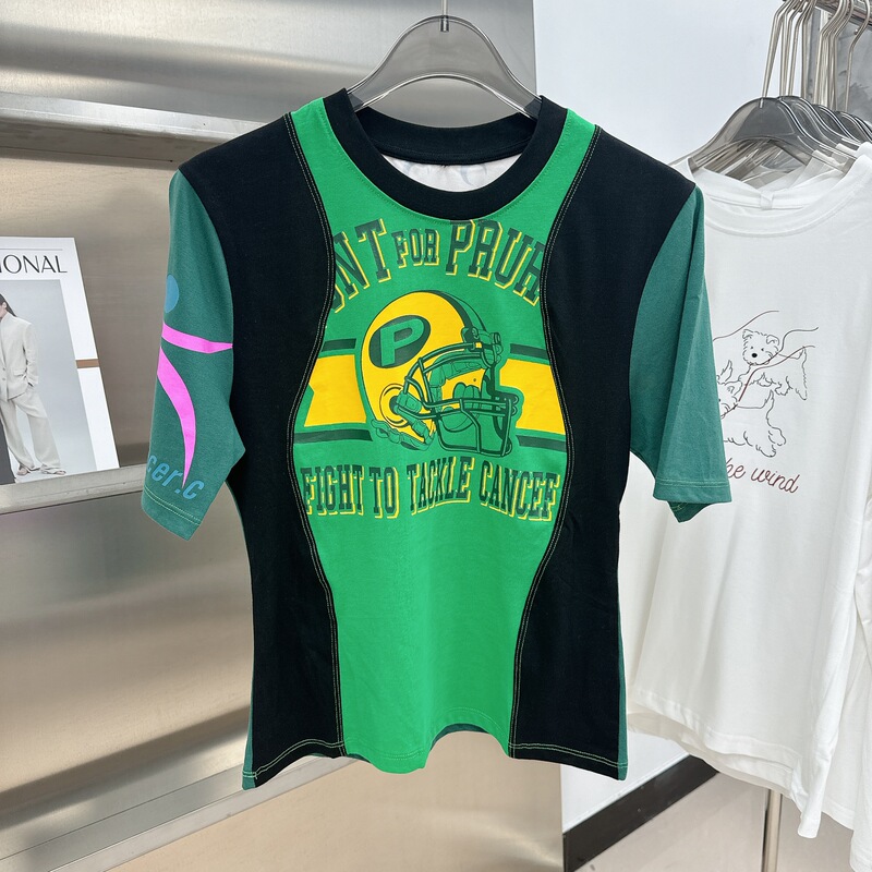 小众高质美式复古设计款夏季新款圆领短袖正肩上衣辣妹修身撞色T|undefined