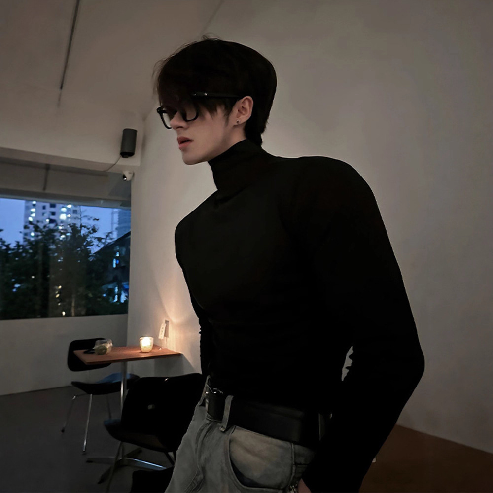 남성용 멋진 블랙 하이넥 독일 벨벳 바닥 셔츠, 가을 겨울 미국식 오른쪽 어깨 슬림 긴팔 티셔츠, 스웨트 셔츠 포함