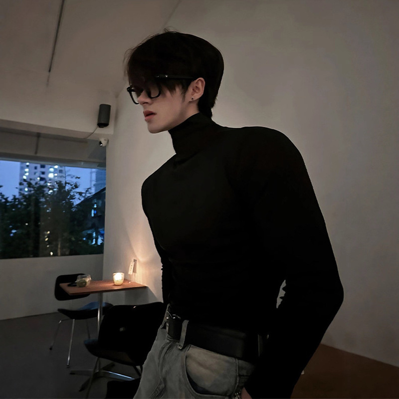 Handsome Black High-Necked Velvet Bottoming Shirt for Men, Autumn and Winter American Style Right Shoulder Slim Long-Sleeved T-Shirt with Sweatshirt Inside Handsome Black High-Necked Velvet Bottoming Shirt for Men, Autumn and Winter American Style Right Shoulder Slim Long-Sleeved T-Shirt with Sweatshirt Inside