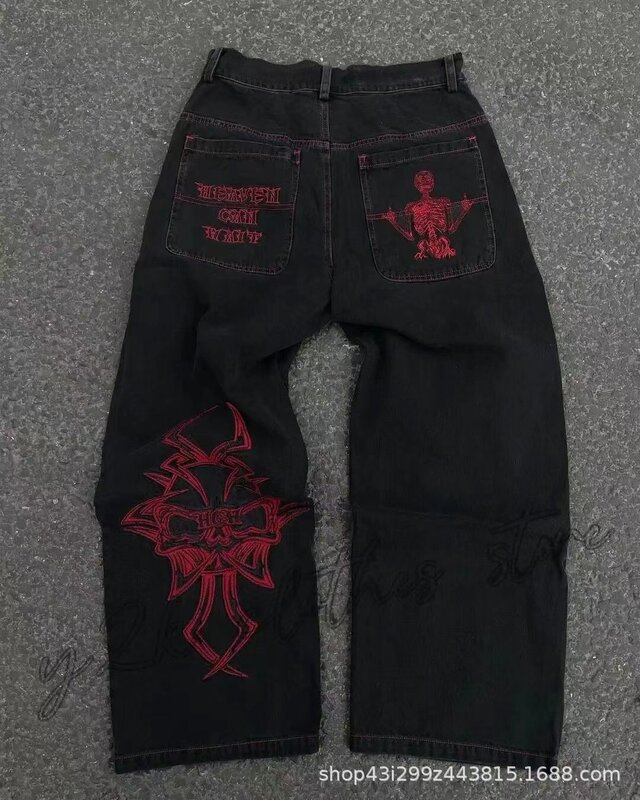 跨境电商JNCO Y2K宽松牛仔裤男士复古刺绣嘻哈街头原宿男士阔腿裤|undefined