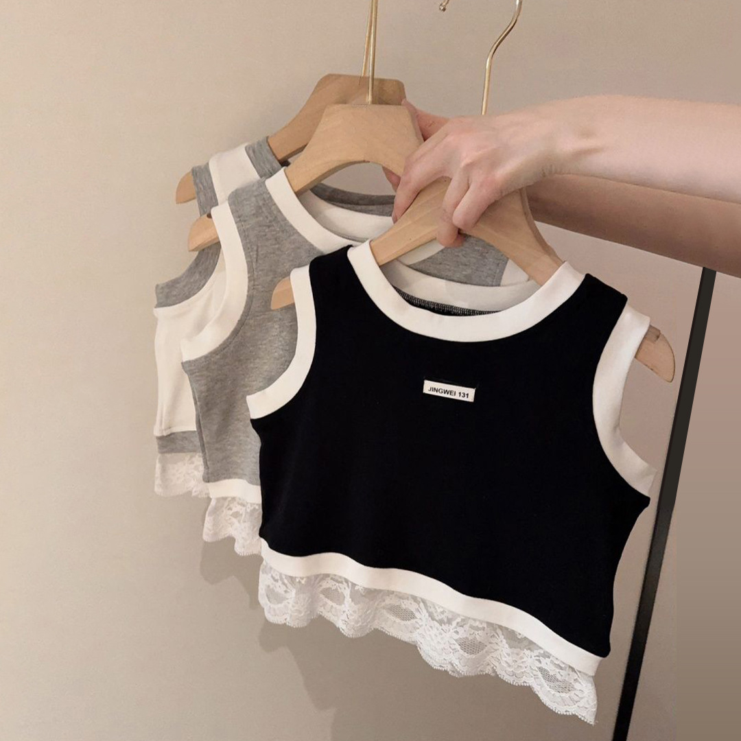 South Korea Children's Wear Girl's Lace Vest Summer Fashionable Stitching Casual Children's Sleeveless Western Style Sports Style Tide T-shirt