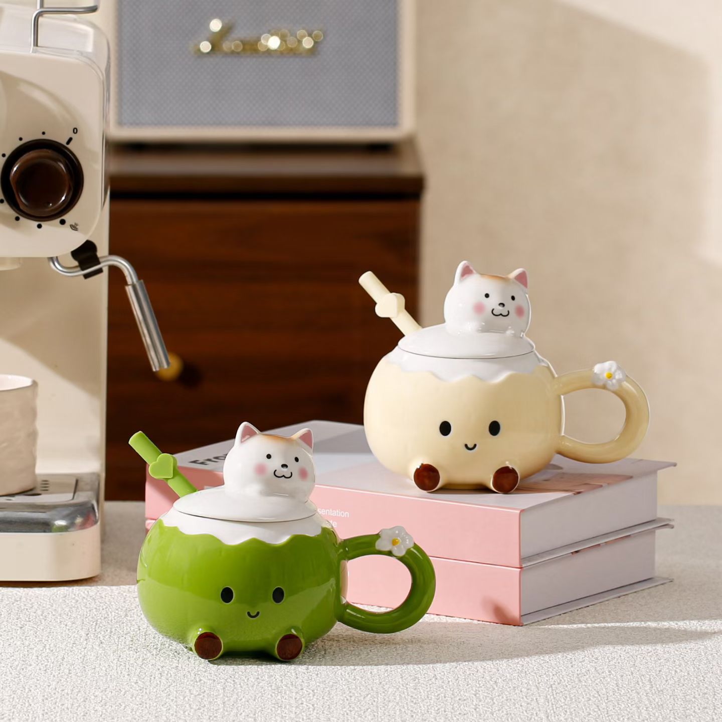Personalidad creativa de dibujos animados Samoa taza de agua de paja de coco con tapa de taza de cerámica de alto valor facial lindo animal taza de cachorro