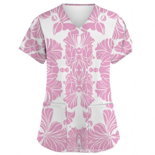 New hot-selling printed women's V-neck caregiver uniform summer casual T-shirt on Amazon International Station in Europe and America