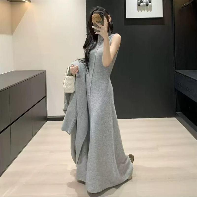 香港スタイルのレトロなロングニットカーディガンハイカラードレスツーピースセット女性のための秋と冬の気質セータースーツ女性のための|undefined
