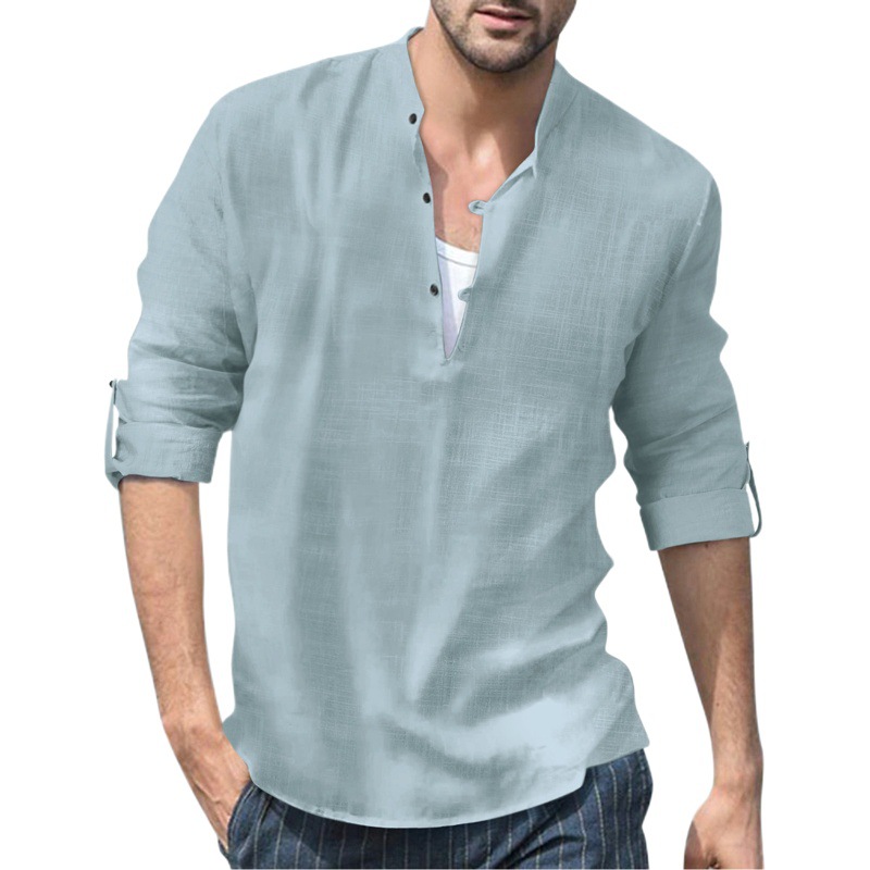 2022 Amazon estación independiente Comercio exterior Otoño e Invierno hombres Lino Henley camisa soporte collar manga larga casual playa camisa