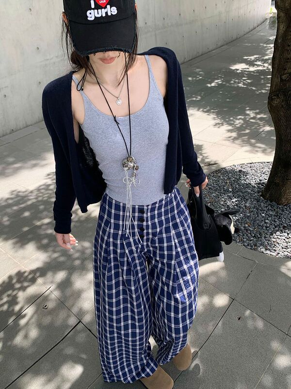 休闲套装带胸垫吊带背心女长袖防晒外套早秋格子阔腿长裤时尚套装|undefined