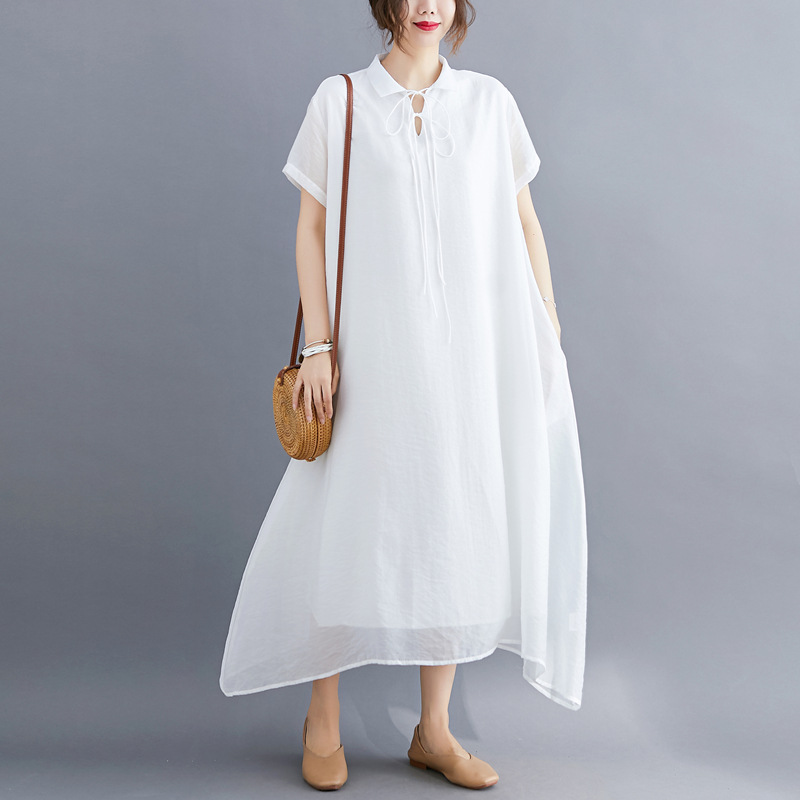 Real Shot of 2025 Summer Plus Size Comfortable Women's Fat mm Loose Slimming Look Belly-Covering Lapel Lace-Up Dress