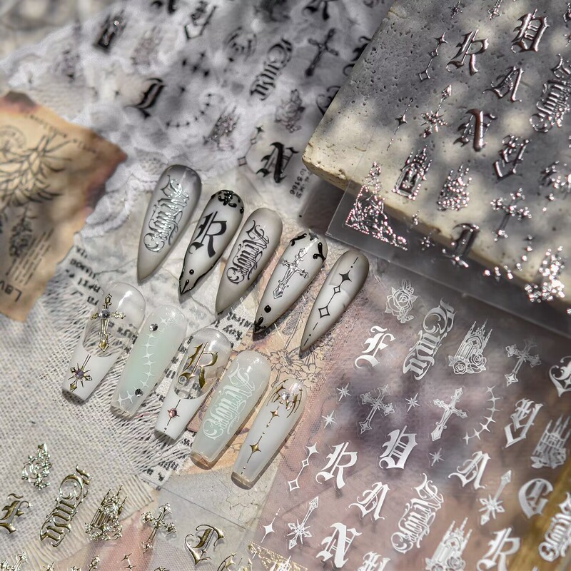 Cross-Border Tomoni Manicure Black and White Gold and Silver Retro Dark Punk Cross Gothic Letter Nail Stickers